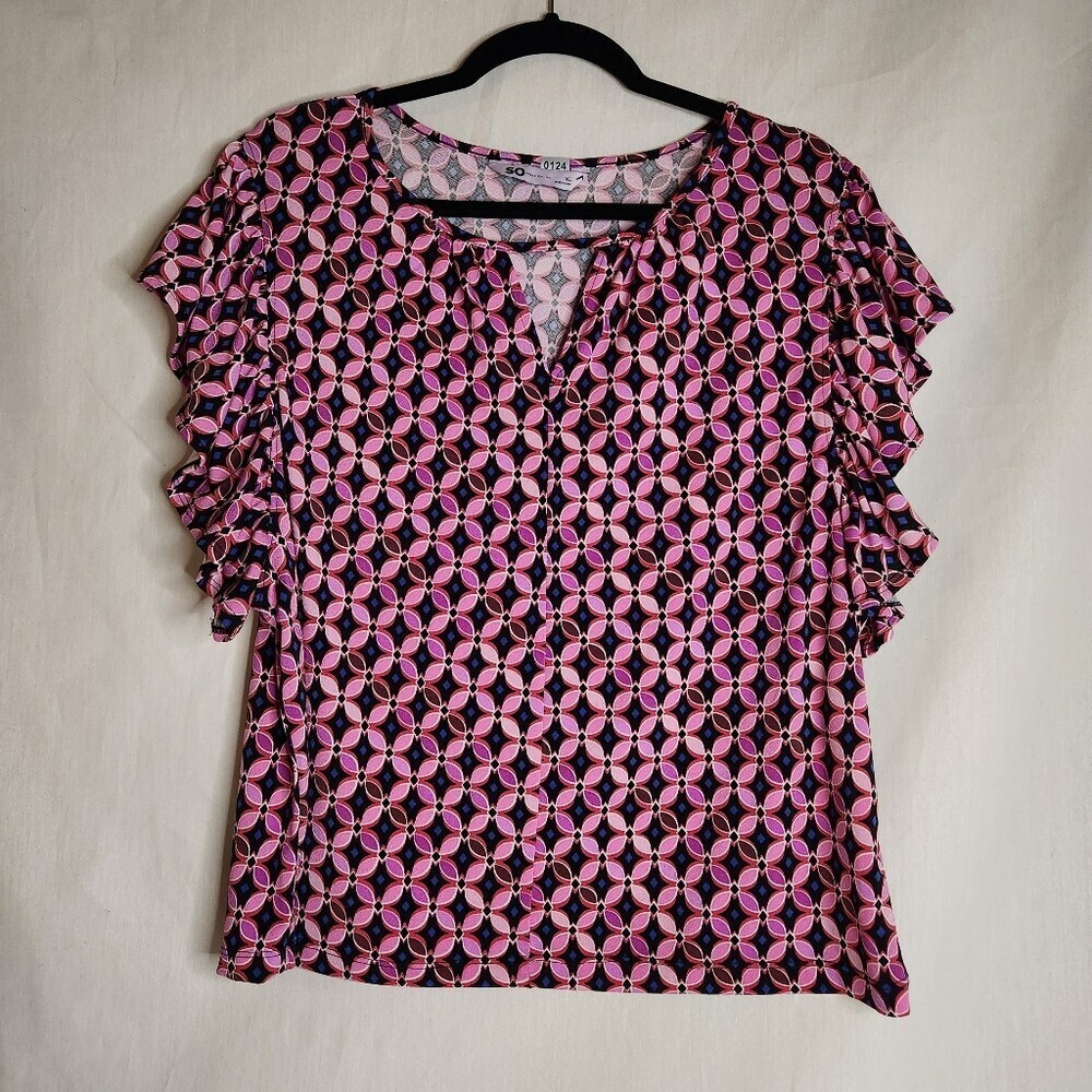 SO Goods For Life Flutter Sleeve Blouse Pink Black Womens Size XL Cottage Core